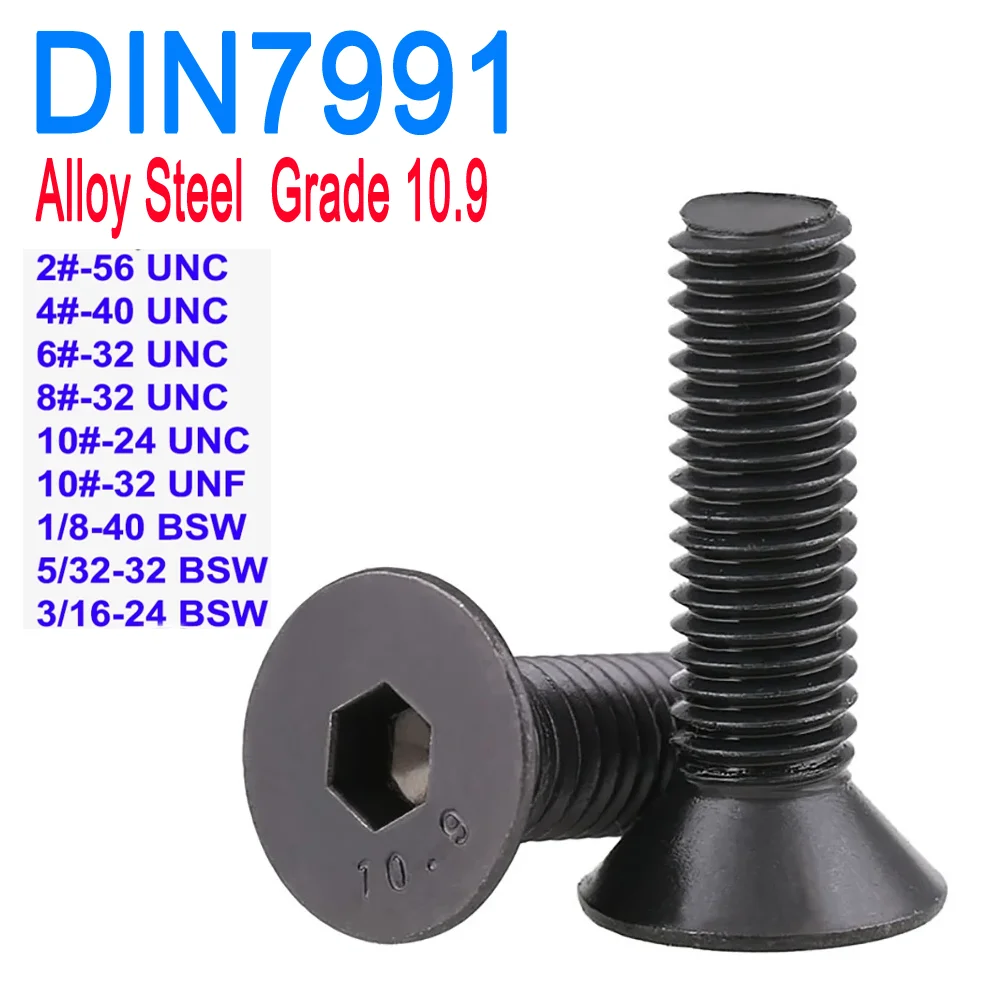 

Flat Key Bolts 2# to10# UNC UNF 1/8'' 5/32'' 3/16'' BSW DIN7991 Alloy Steel Hex Socket Countersunk Head Screws Grade 10.9