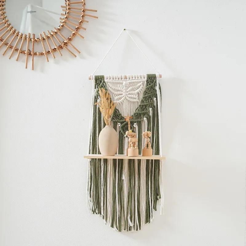 1 PC Bohemian Style Handwoven Cotton Cord Wall Shelf with Minimalist Fringe Design for Bedroom and Living Room Decoration Shelf