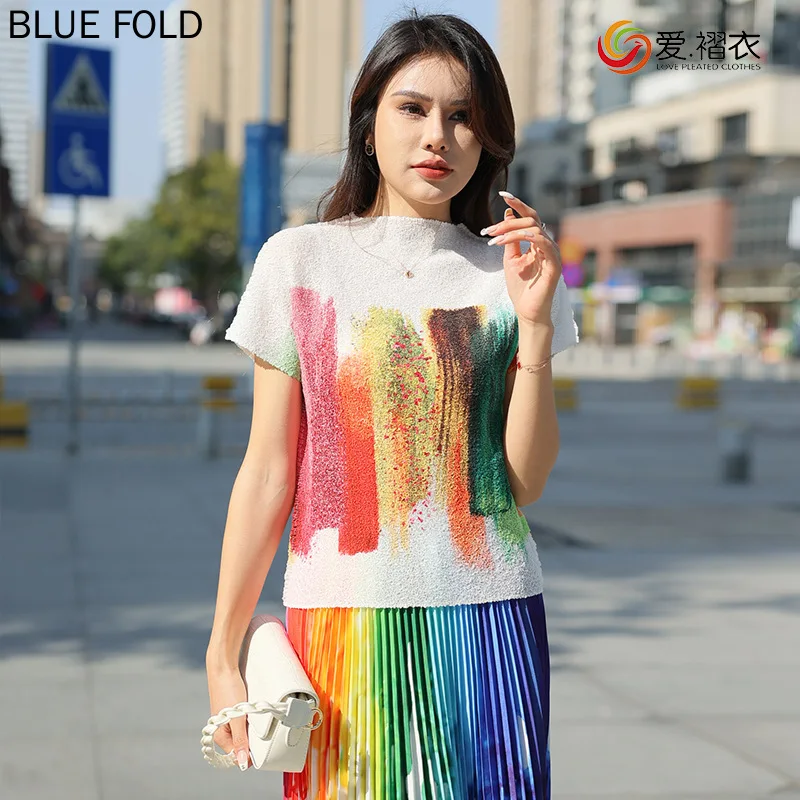 Miyake Fold Japanese and Korean Casual Design Sense Light Luxury Temperament Women's Short Sleeve Rainbow Print Top Slim Women's