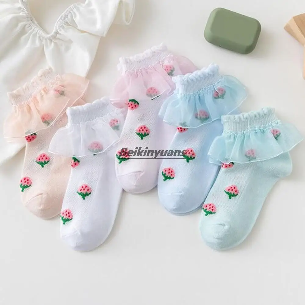 Mädchen sommer dünne spitze socken mesh spitze prinzessin socken mädchen baby erdbeeren sommer kinder socken baumwolle