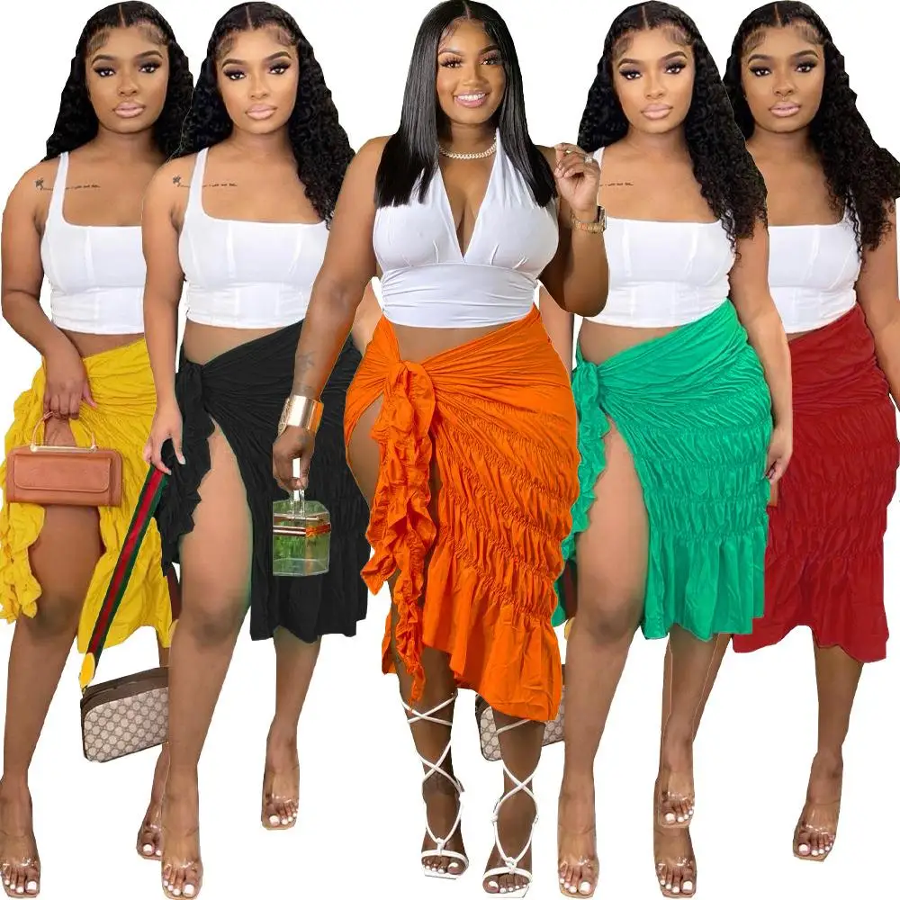 

Sexy Color Pleated Split f Skirt Women's Faion mid Waist Batwing Sle Polyester Fiber Nightclub Suitable Skirt