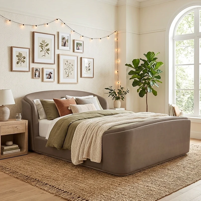 xx-RH for Oak Fabric Upholstered King Size Bed Frame Footboard Handcrafted Solid Wood Platform Bed Modern Simple Style