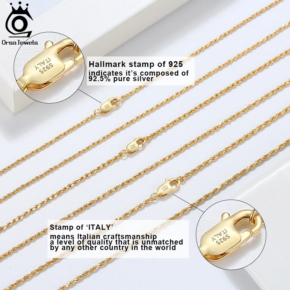 ORSA JEWELS 925 Sterling Silver 18K Gold Rope Chain Necklace 1.2 / 1.5 / 1.7mm Rope Link Collares 16-24 inches Basic Chain SC29