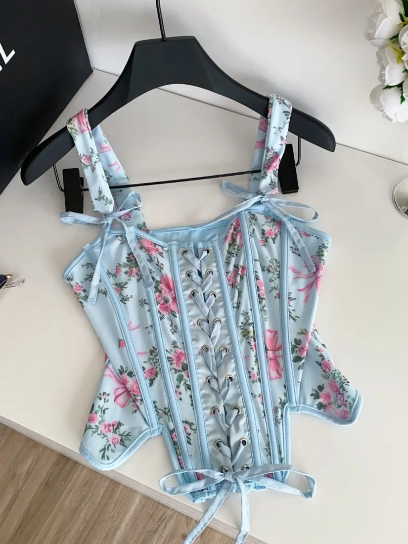 Foamlina Trendy Floral Halter Strap Bandeau Vest Camisole Summer Tie Up Boning Cinched Waist Sweet Spicy Outer Corset Tanks