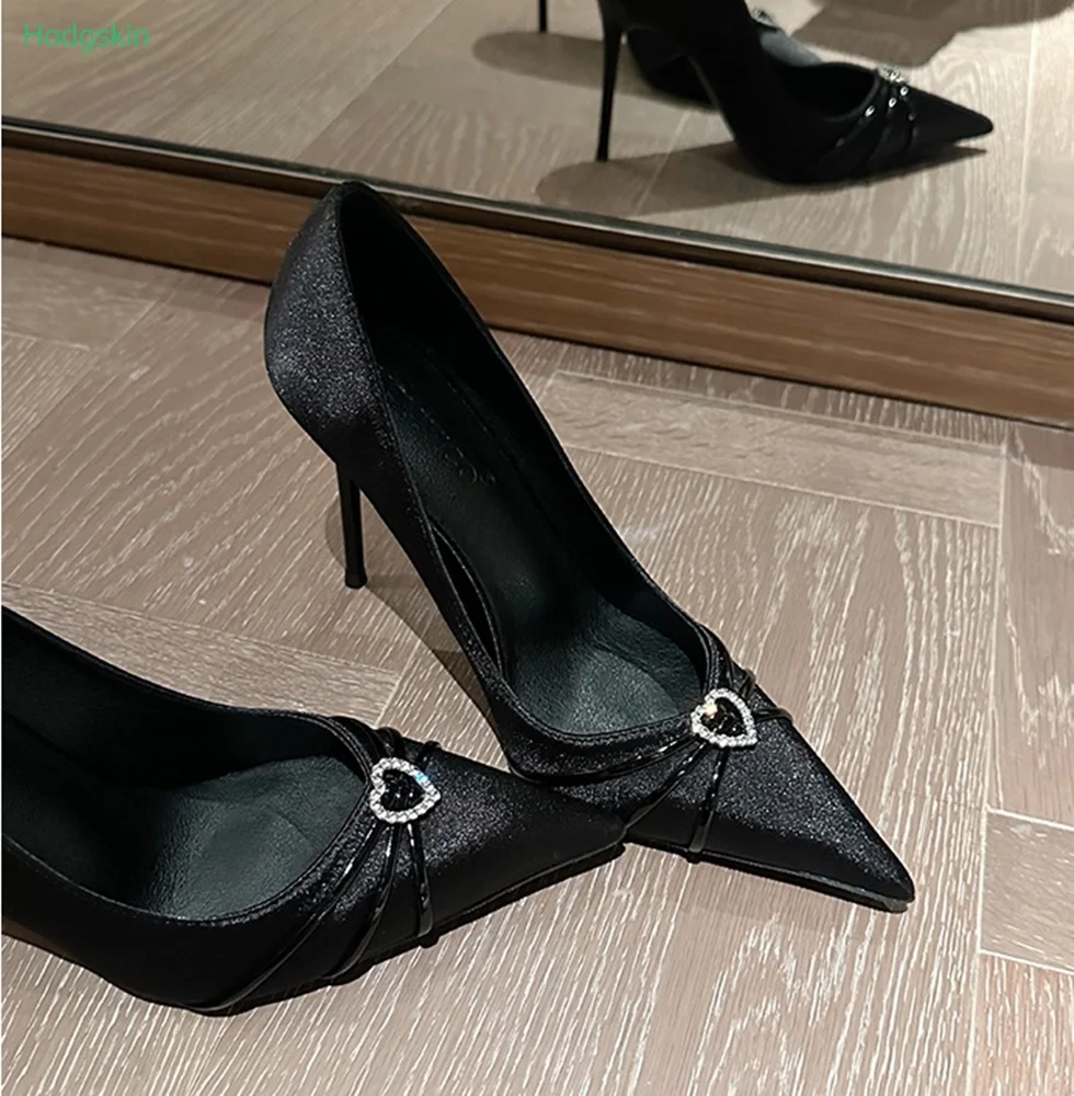 

Black Rhinestone Pointed Toe Shallow Shoes Silk Heart Crystalzes Bling Riband Women Pumps Stiletto Heels Party Fashion Shoes