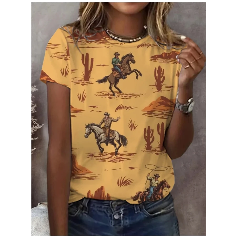 Women's Vintage Cowboy Racing Horse Print Casual O Neck Short Sleeved T-Shirt