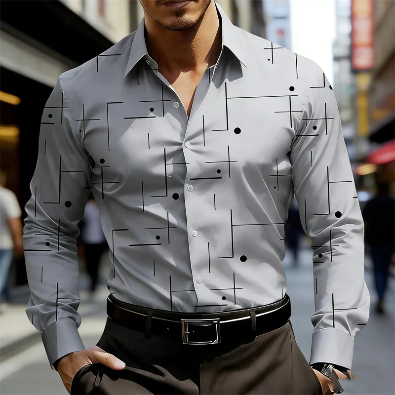 

Новая мужская рубашка с геометрическим принтом, уличный стиль, облегающая деловая повседневная модная рубашка с длинными рукавами и воротником для мужчин.