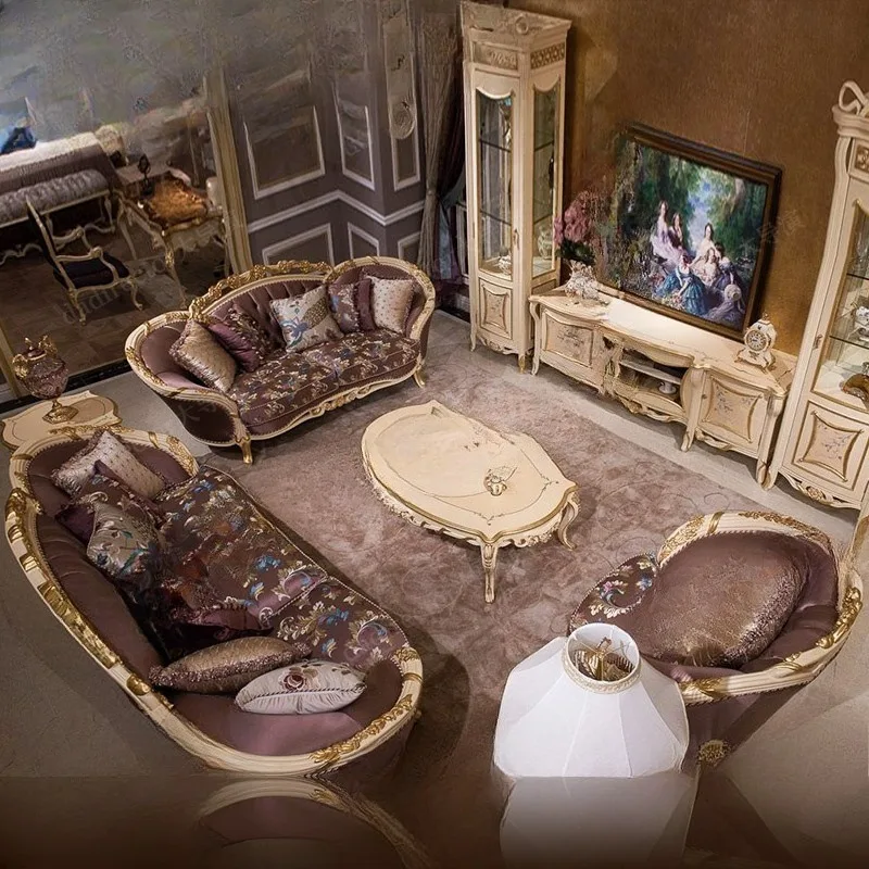 European-style solid wood rose carved sofa set, handcrafted fabric, luxurious French palace villa living room whole-house