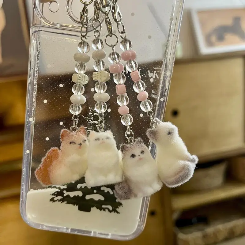 Cute Creative Flocking Cat Beading Pendant Keychain Cartoon Mobile Phone Chain Backpack Decoration Gifts Women