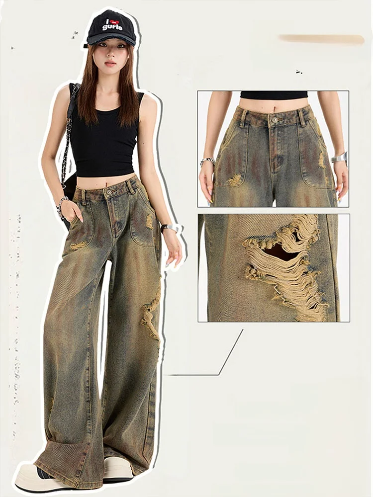 

Ripped Denim Jeans Women High Waist Loose Fit Straight Leg Jeans Spring 2026 New Sle Distred Wide Leg Pants