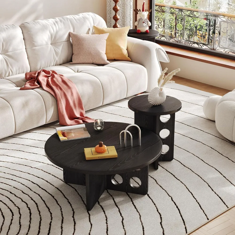 Nesting Coffee Table Set of 2, Modern Wooden Side Coffee Table for Small Space, Black Grain Top with Adjustable Non-S