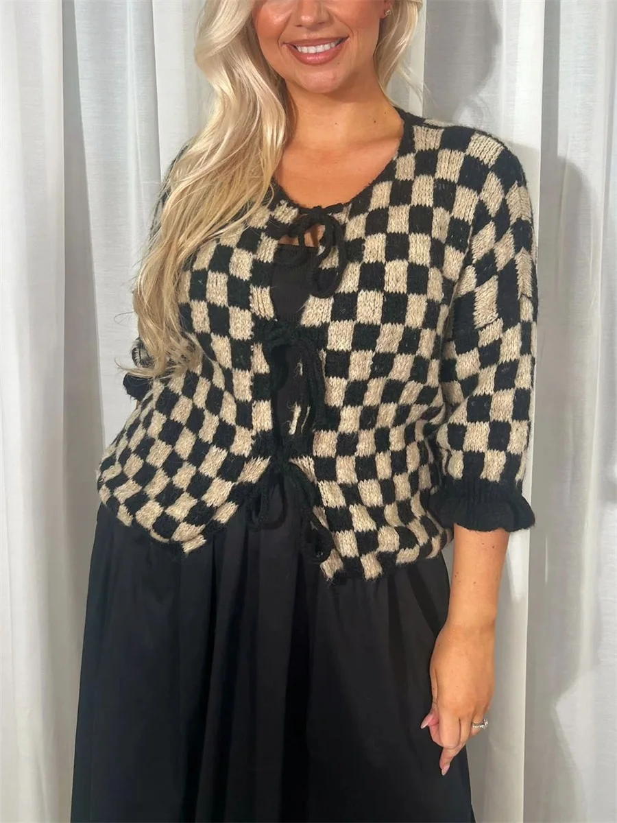 New Fashion Women Checkered Tie Front Cardigan Crew Neck Half Sleeve Tie-Up Knitted Sweater Casual Streetwear S-XL