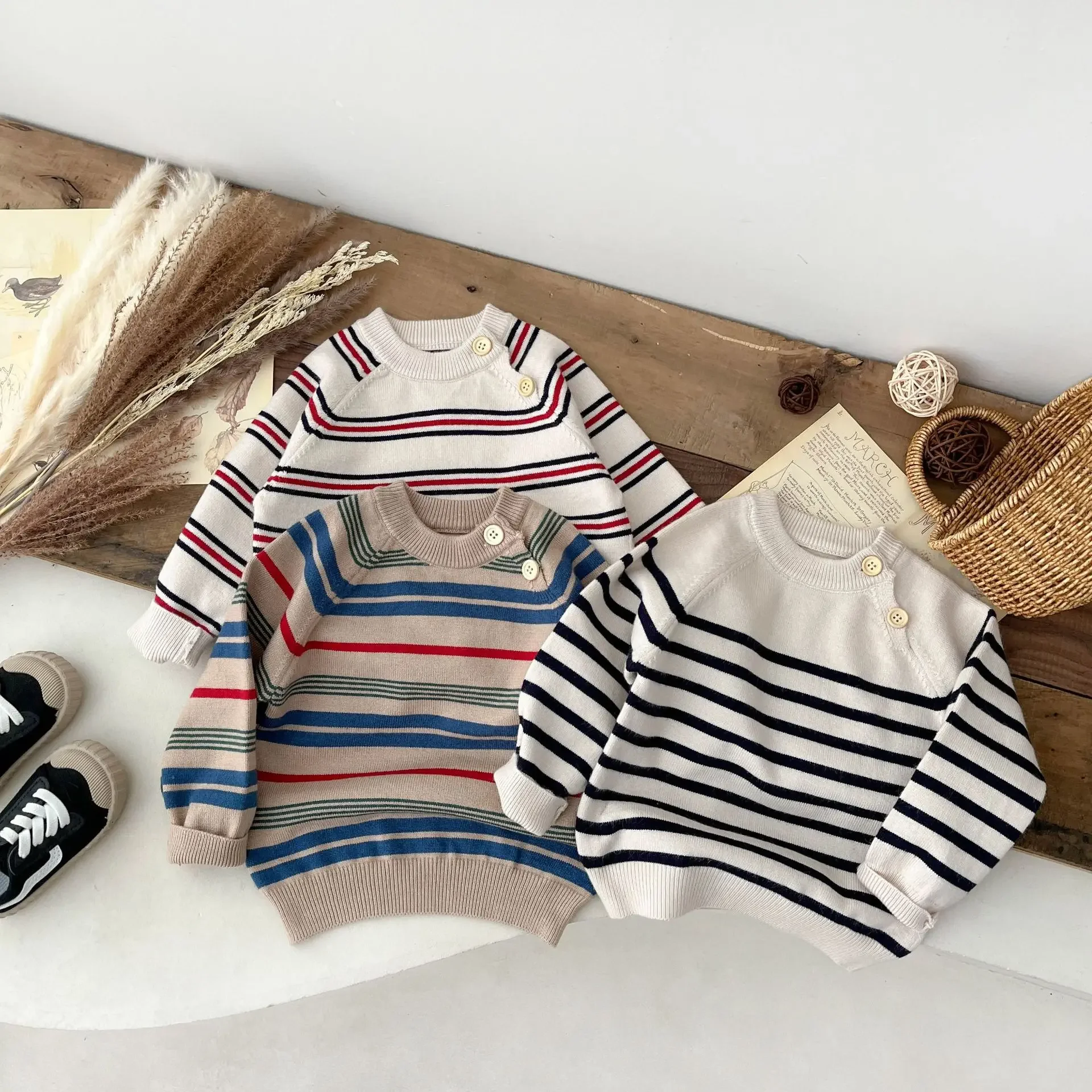 Korean Autumn Kids Sweaters Fashion Striped Girls Boys' Sweater 2023 New Baby Pullover Knitted Top 0-24Months