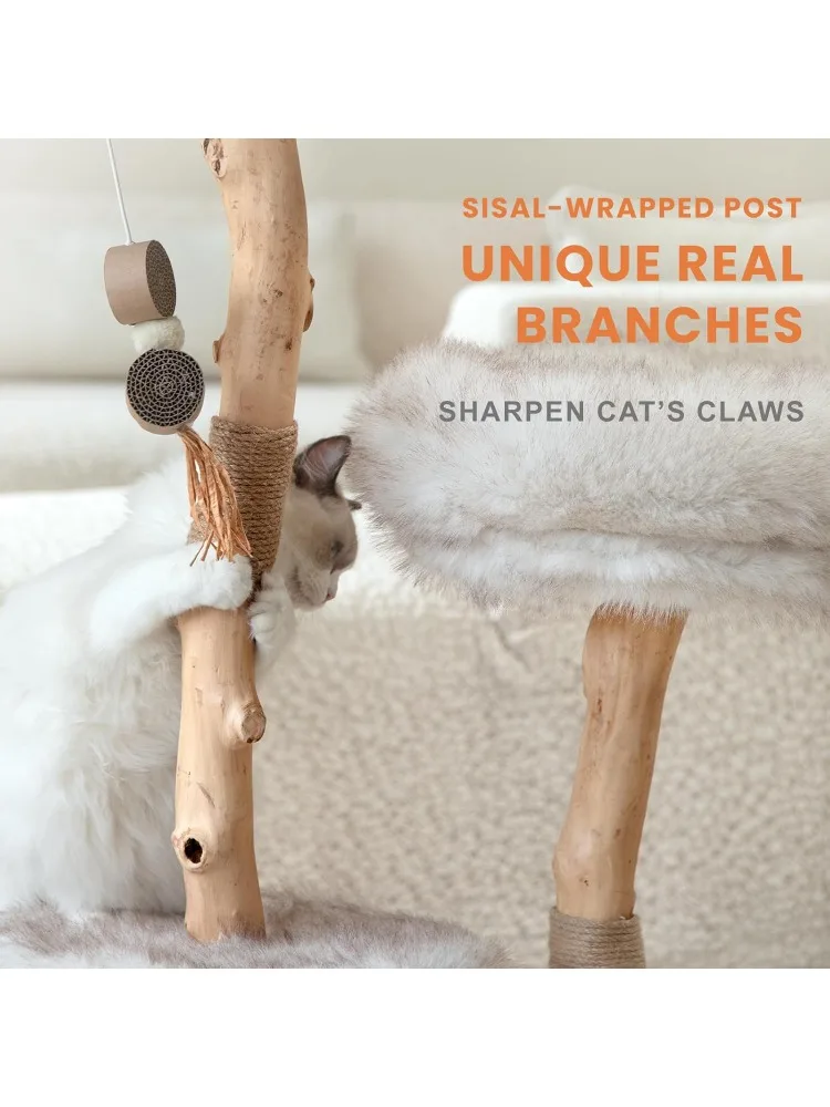 Tower with Two Real Branches, 44 INCH Wood Modern Cat Tower with Luxury Cat Condo, Cat Scratching Post, Jumping Platfor