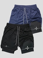 2pcs 2-in-1 Double Layer Fashion Color Wave Print Men's Casual Sports Shorts