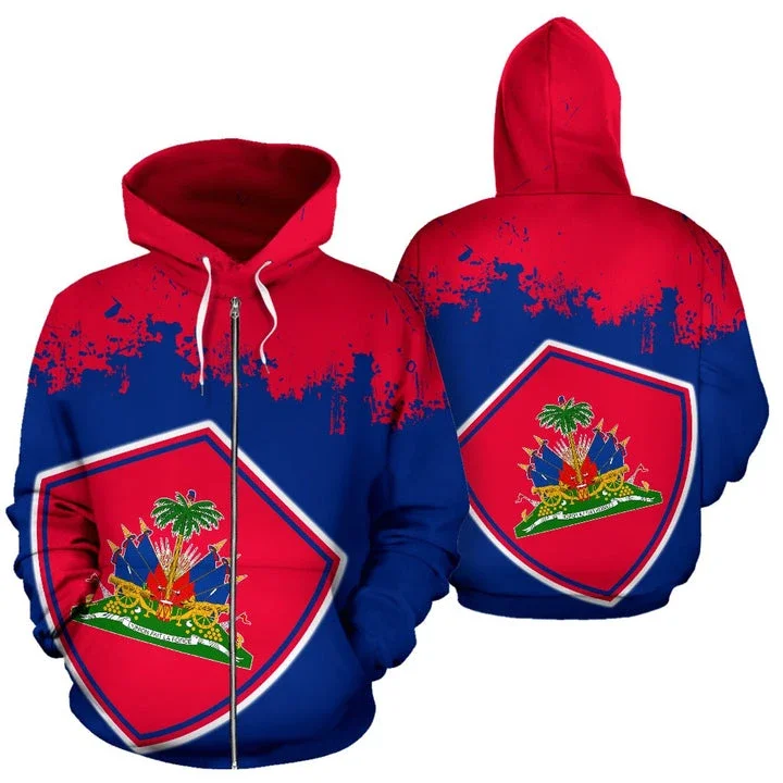 Haiti Coat of Arms Zip Hoodie Lucian Style Country Emblem Flag Caribbean Sea Haiti Island Retro Pullover Men/Women Tracksuit