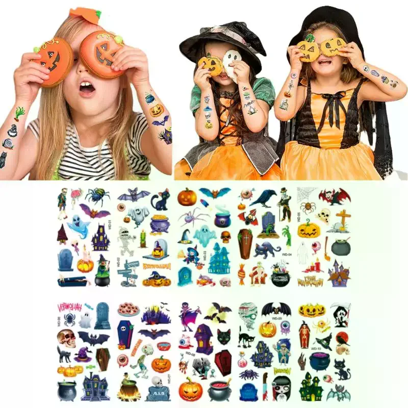 10/30 عبوة من ملصقات الوشم المزيفة للهالوين تتميز بالقرع والشبح والخفافيش؛ مقاومة للماء ومثالية لحفلات الأطفال