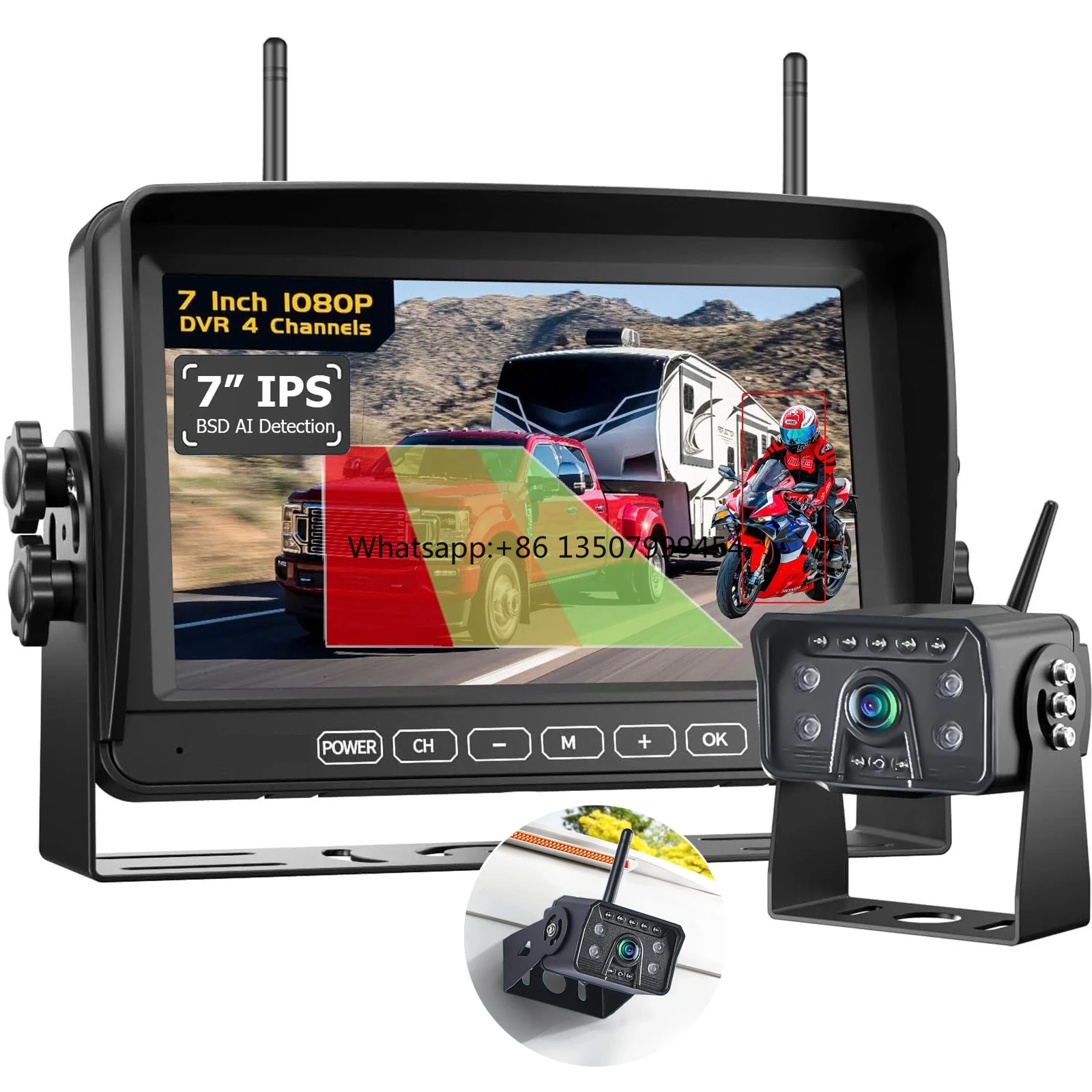 

Digital Wireless Backup Camera 7" Car Monitor Split Screen DVR 4ch AI Detection BSD for Caravan Rv Trailer Camper