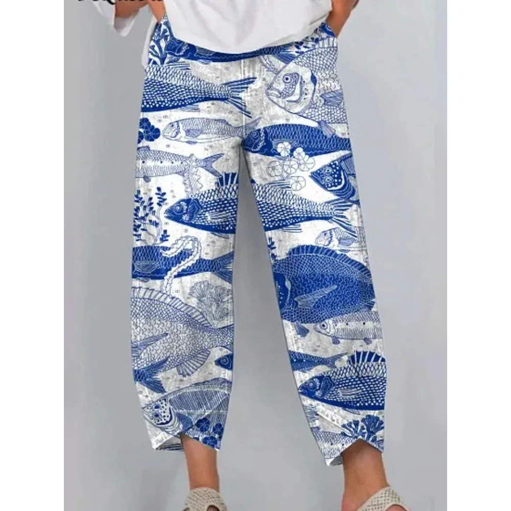 Damen Baumwoll-Haremshose mit Japanischem Ukiyo-E Wellen- und Blumenmuster, Locker Geschnittene Caprihose in Tulpenform, Knöchellange Freizeithose – Detail 10