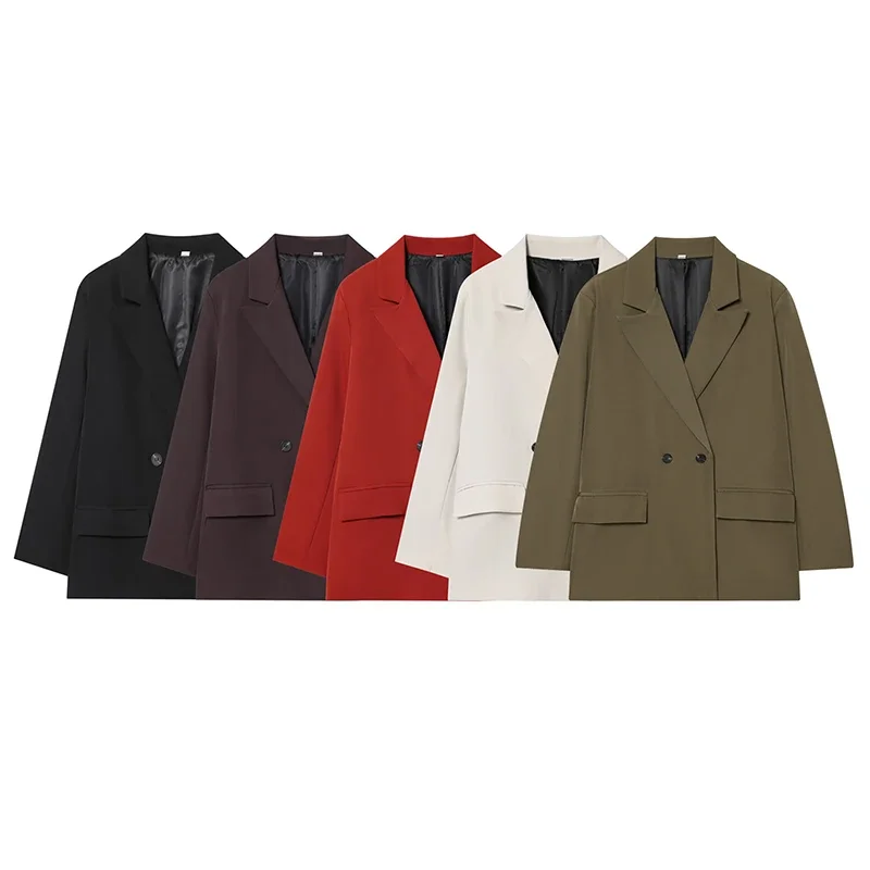 

New Women's Casual Solid Color Blazer Fashion Office Lady Double Breasted Long Sleeve Blazers Coats Female Outerwear Chic Tops