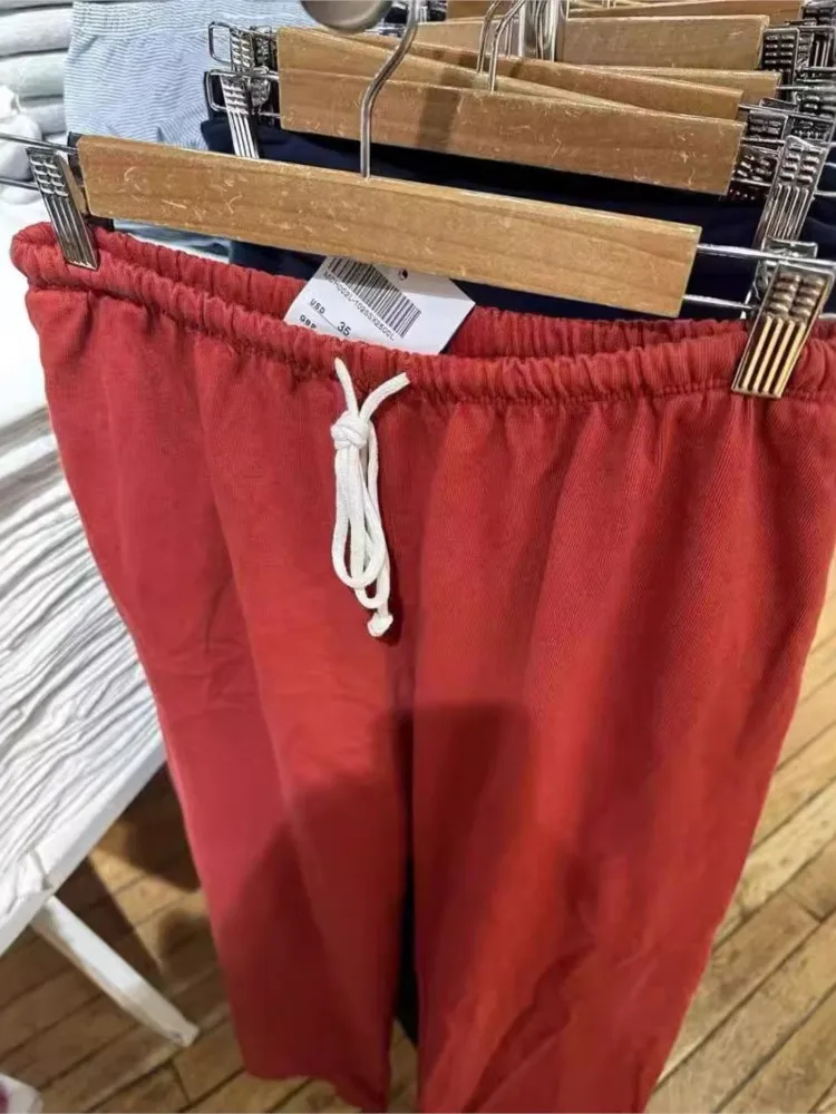 Red Drawstring Elastic Waist Oversized Retro Trouser Woman Casual Wide Leg Pant Loose Y2K Harajuku Sweatpants Cototn Blend