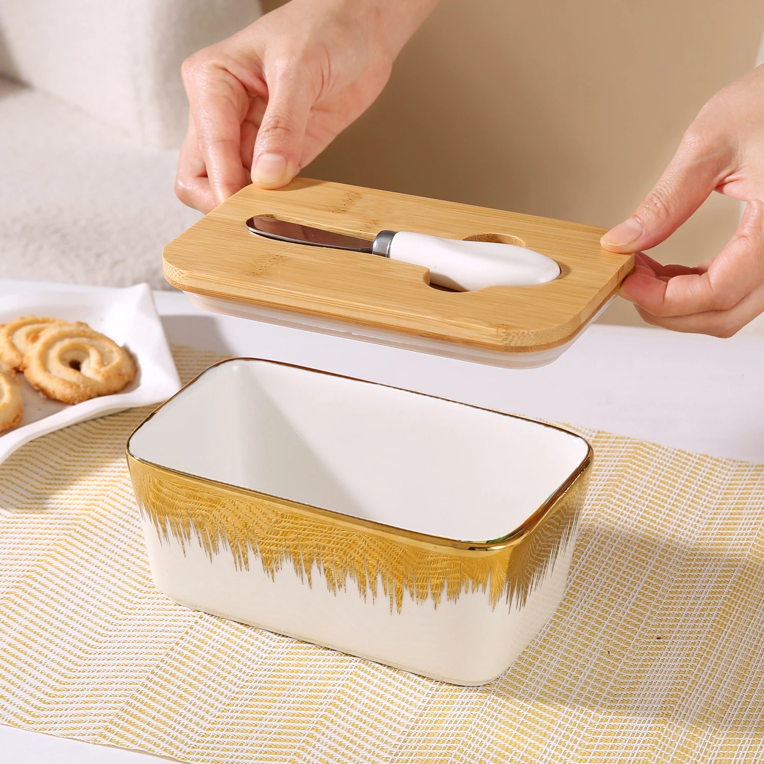 gold edged Ceramic Butter Dish With Bamboo Lid And Knife, LargeButter Keeper Container For Counter, Airtight Butter HolderWith