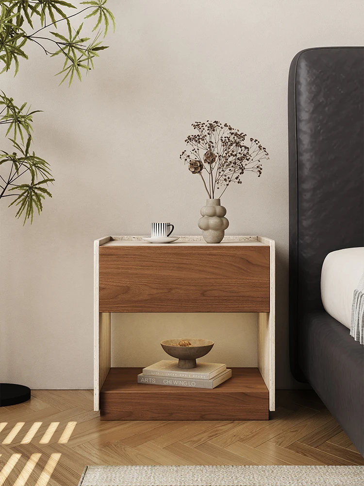 XL Travertine Walnut Wood Grain Bedside Table Jingji Retro Style Light Luxury Smart Solid Wood Side Cabinet