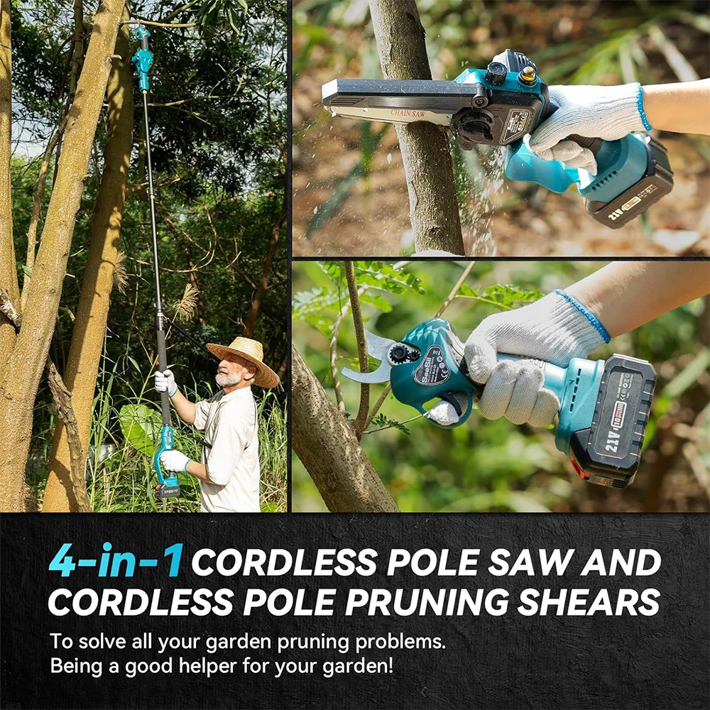 Seesii 3-in-1 Brushless Cordless 30mm Electric scissors 6'' Brushless Electric Chainsaw w/2.4m Extension Telescopic Rod Power To