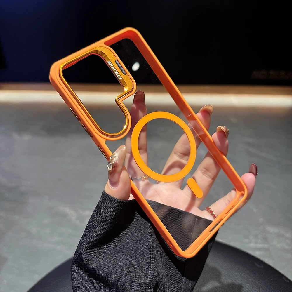 Luxury Magnetic Case For Samsung Galaxy S26 Ultra S22 S25 Plus S24 S23 FE With Camera Bracket Stand Clear Back Protective Cover