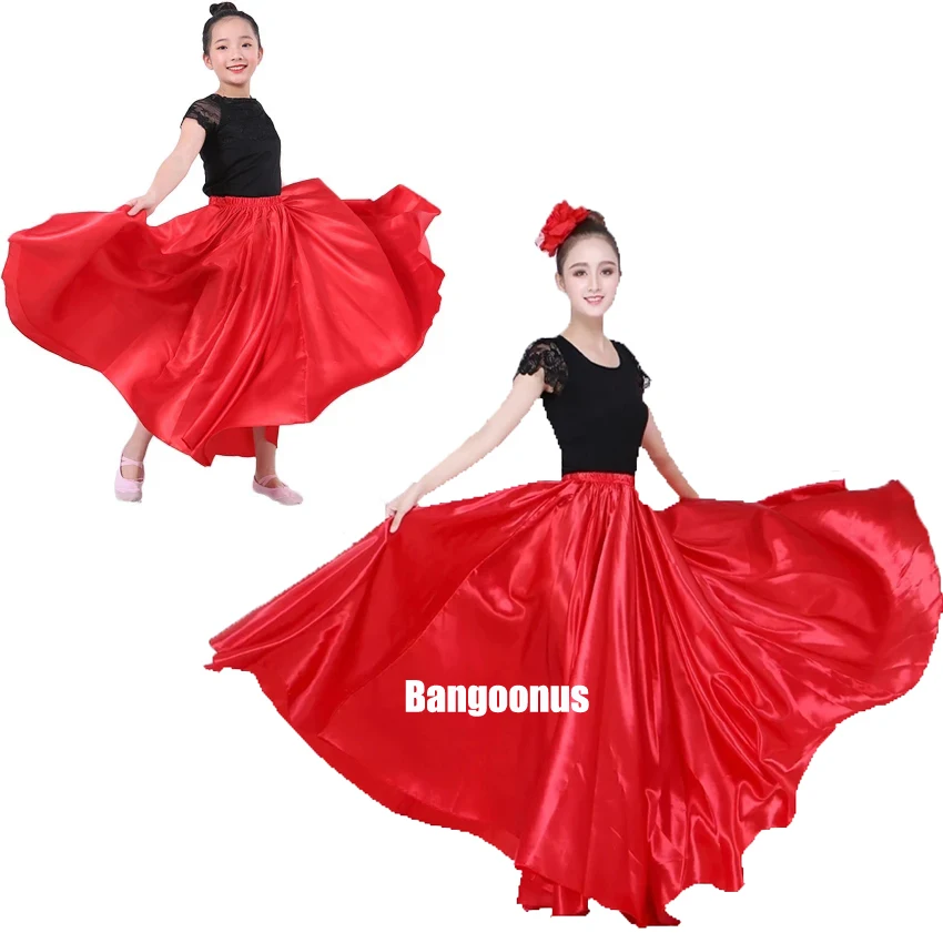 Gonna di danza del ventre Solid Gypsy Women Girl gonna di Flamenco spagnola Satin Big Swing Dress Adult Kids Stage Performance 360 gradi