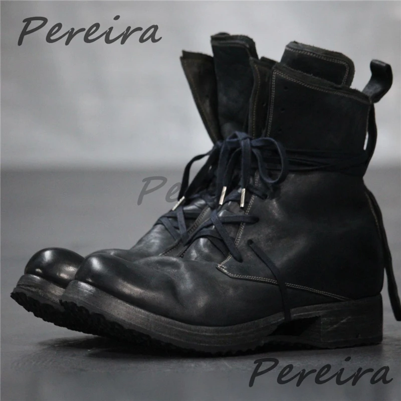 Retro Black Leather Short Boots for Men Round Toe Hollow Thick Soled Short Boots Spring Autumn New Comfortable Male Shoes