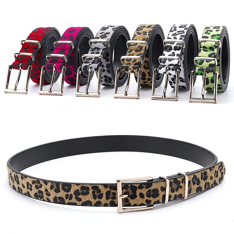 

Hot Sales Fashion Female Leopard Horsehair Belt Metal Buckle Pu Belt Accessories for Women