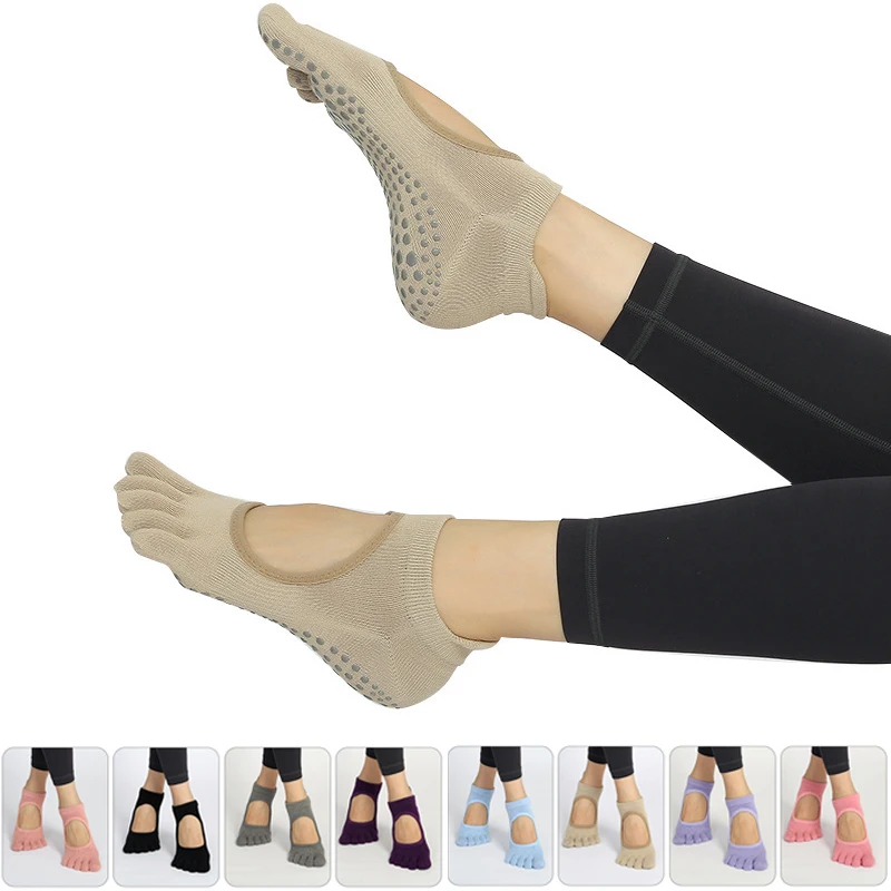 

1 Pair Five-Toe Design Pilates Yoga Socks for Women Cotton Breathable Anti-Slip Fitness Yoga Grip Socks Fits EU Size 35-40