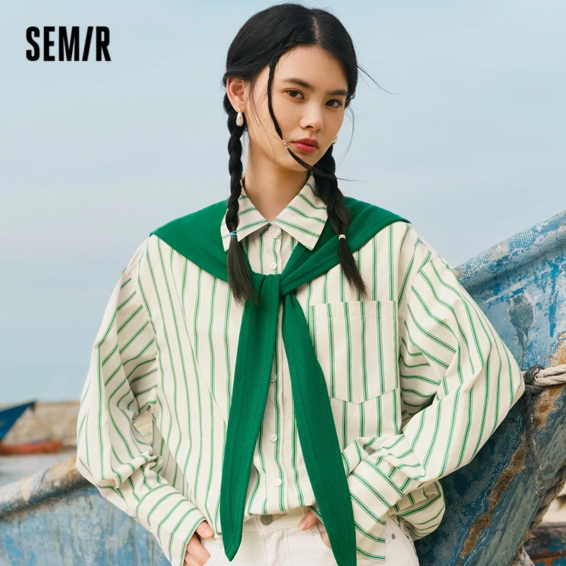 Semir Long Sleeve Shirt Women Medium Length Letter Shawl 2023 Spring New Oversize Stripe Shirt Retro