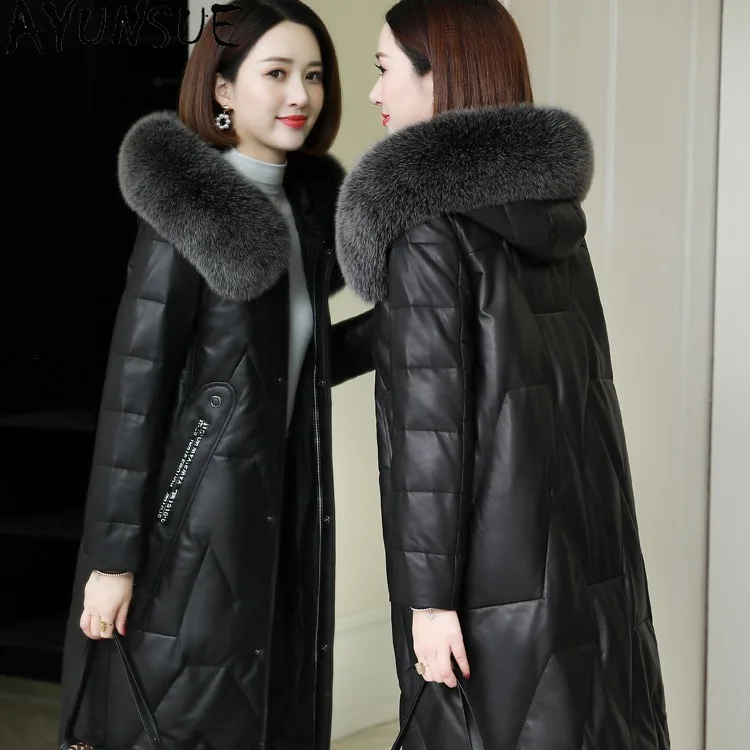 AYUNSUE Genuine Leather Jacket Women Winter Clothes Mid-length Sheepskin Down Coats Female Warm Fox Fur Collar Casaco Feminino