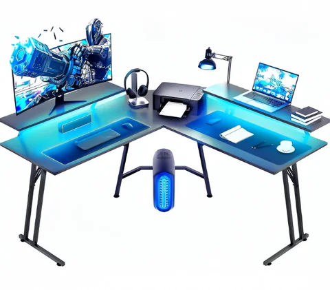 L Shaped Gaming Desk with Monitor Riser Stand, Carbon Fiber Surface Corner Computer Desk, Heavy Duty Cold-Roll Steel Frame Gaming Table with Adjustable Foot Pads, Ergonomic L Desk for Gaming Streaming Office Work, Max Load 80KG