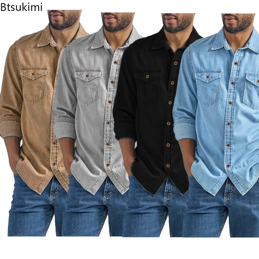 

New 2025 Men's Casual Denim Shirts Long Sleeve Button Vintage Blue Washed Cowboy Shirts Slim Fit Outdoor Workwear Tops for Men
