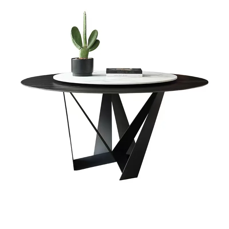 

Italian minimalist, rock slab round dining table and chair combination, with turntable, household, simple and modern