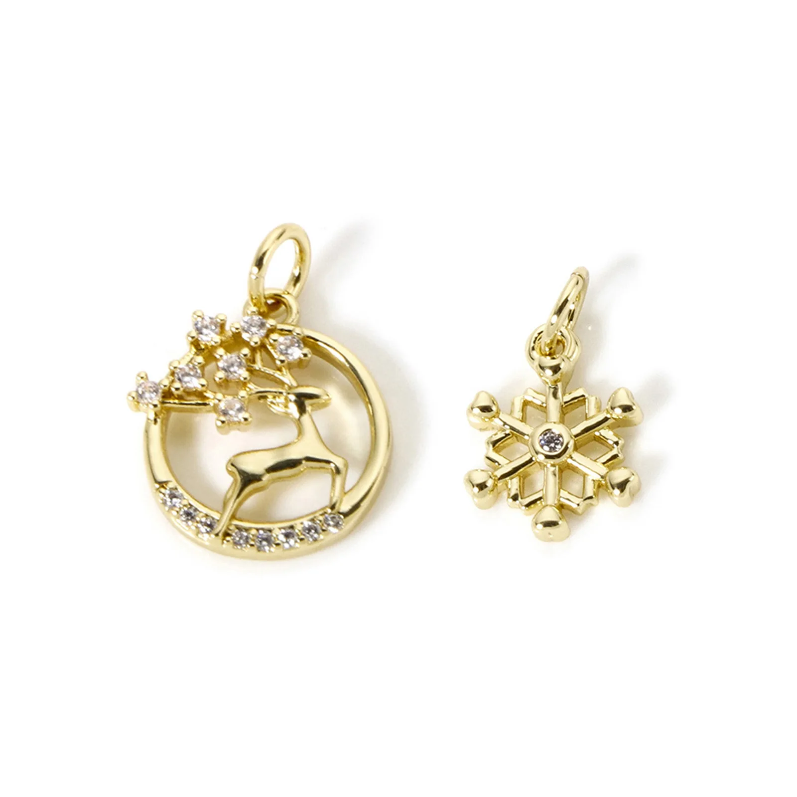 2 pcs Brass Christmas Charms 18K  Gold Plated Micro Pave Clear Cubic Zirconia Elk Snowflakes Pendants for DIY Necklace Jewelry