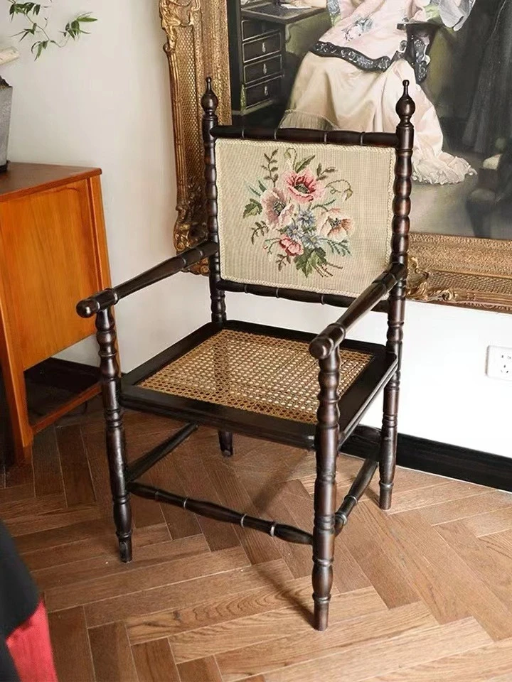 French American solid wood retro old dining chair, medieval embroidery casual small apartment balcony