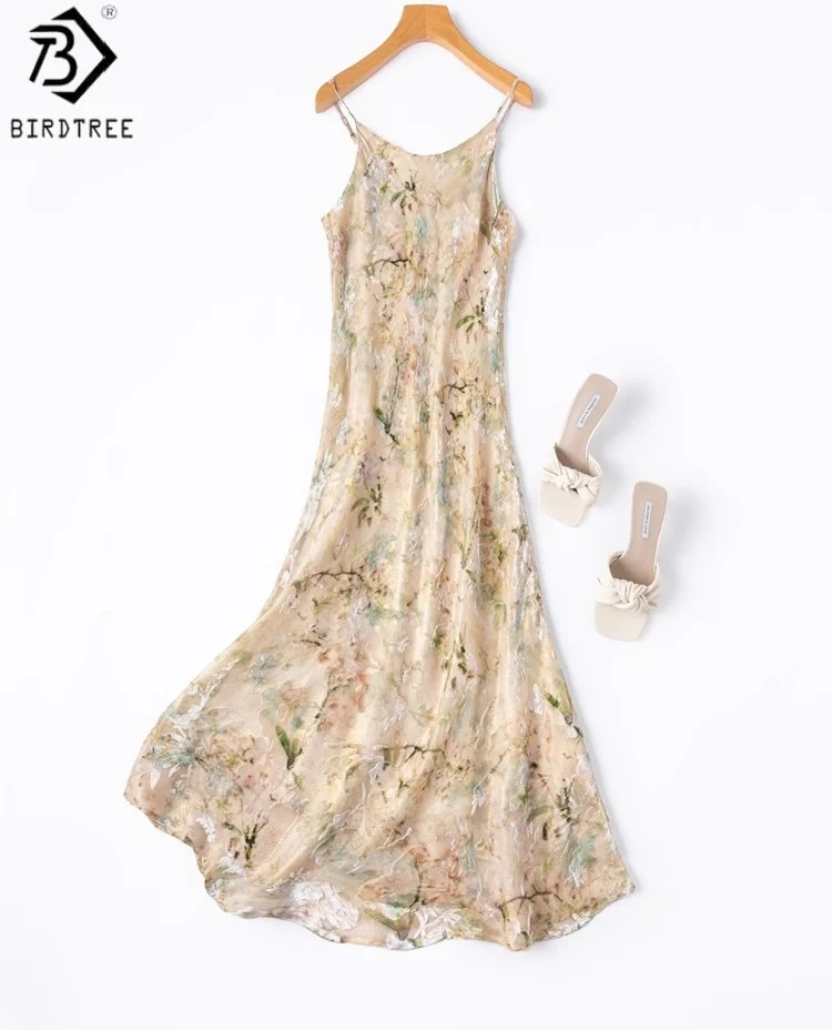 

BirdTree 62.6% Silk Velvet Sling Dress,Women Silk Blend Bias-cut Sleeveless Dresses,Summer Autumn Lined DressesD59637JF