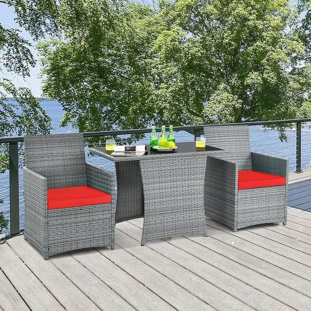 Space-Saving PE Rattan 3-Piece Patio Dining Set with Glass Top Table and Cushioned Chairs, Ideal for Outdoor, Garden, Backyard,