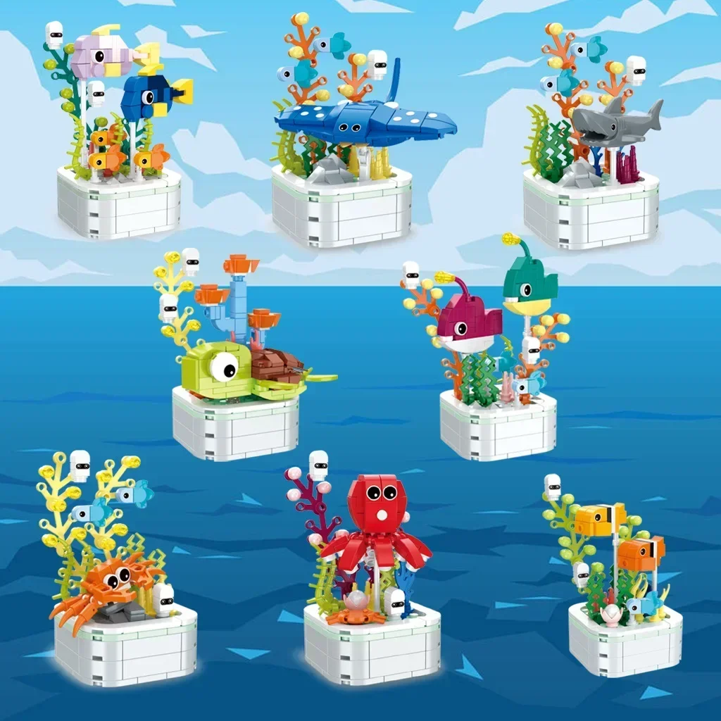 DIY Sea Animals Clownfish Crab Building Blocks Toys MOC Rays Turtles Fish Octopus with Water Plants Blocks Set Toys For Kids