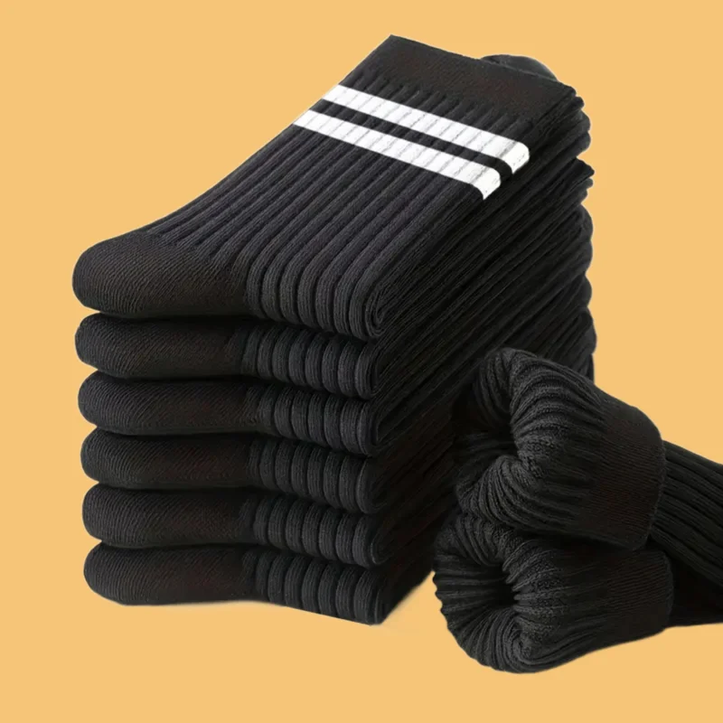 Chaussettes mi-tube respirantes pour hommes, chaussettes décontractées simples, chaussettes noires et blanches, chaussettes à col rond, haute qualité, printemps, automne, 6 paires