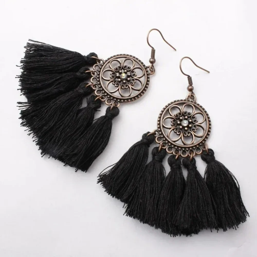 FSUNION New Ethnic Bohemian Drop Dangle Long Rope Fringes Retro Tassel Earrings Red Sector  For Women Party Jewelry Gift