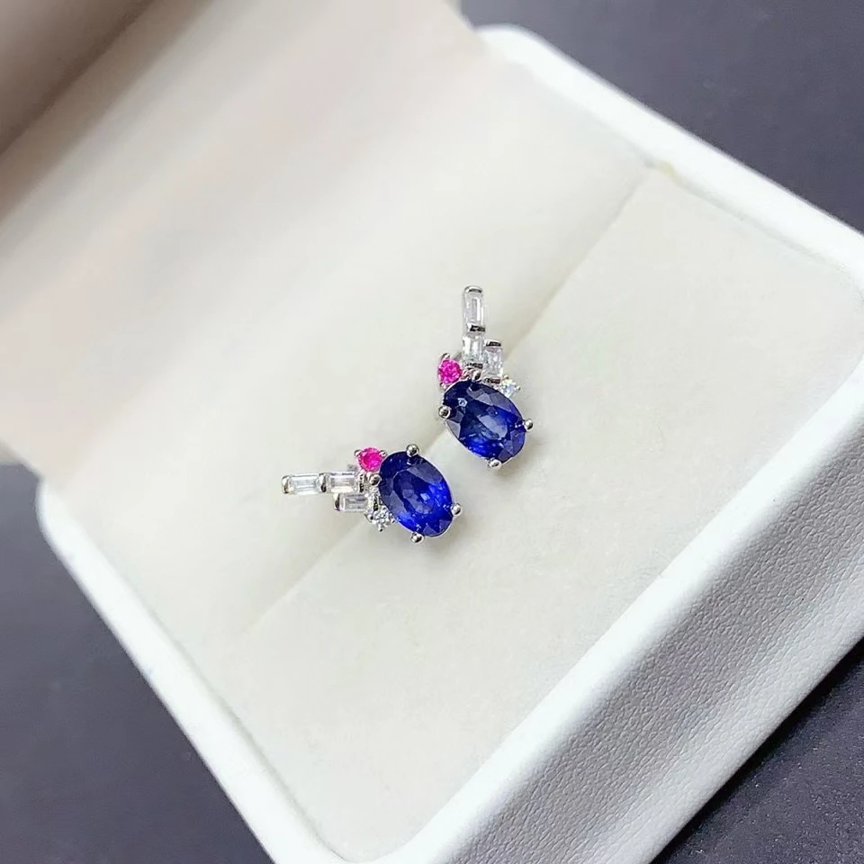 Fine Jewelry S925 Silver Inlaid Natural Sri Lankan Sapphire Women's Earrings Royal Blue Ultra High Clarity Gem Support Testing