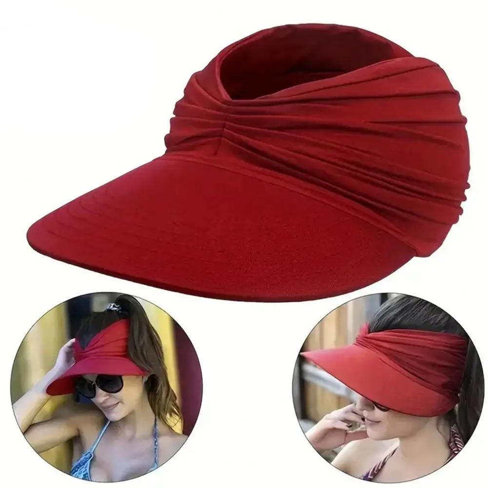 Outdoor Ladies Beach Sun Hat Empty Top Large Brim Pleated Pure Color Sun Anti UV Portable Sport Fishing Travel Cap