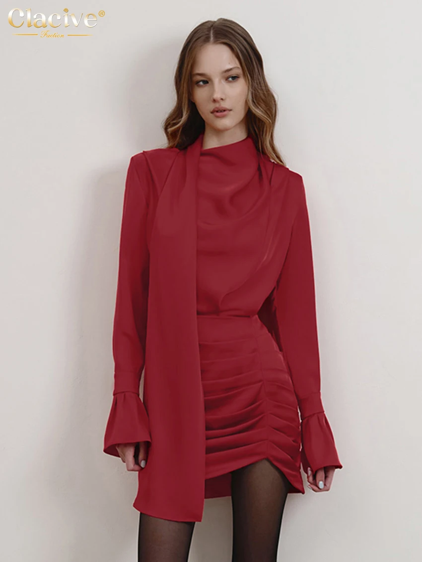 

Clacive Bodycon Loose Blule Satin Women's Dress Fashion Bow Collar Long Sleeve Mini Dresses Elegant Classic Solid Female Dress
