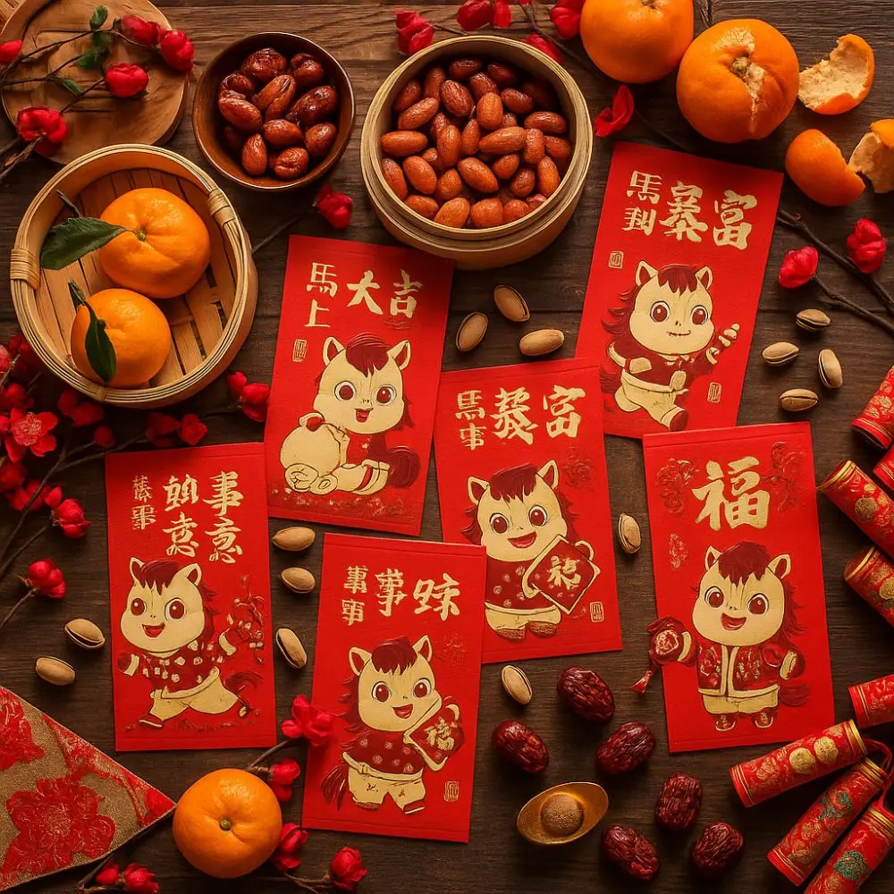 

6pcs Gold Stamping 2026 New Year Red Envelope Blessing Paper Horse Year Money Envelope Traditional Money Packets