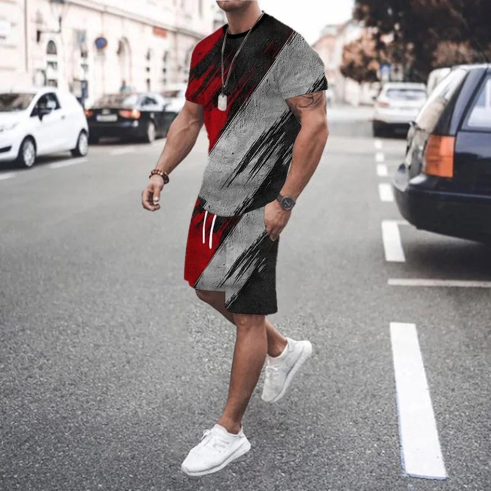 

Summer Men's Stripe Print Short Sleeve Tee Elastic waist Shorts 2 Pieces Set Plus Size Loose O-Neck T-shirt Pockets Shorts Set